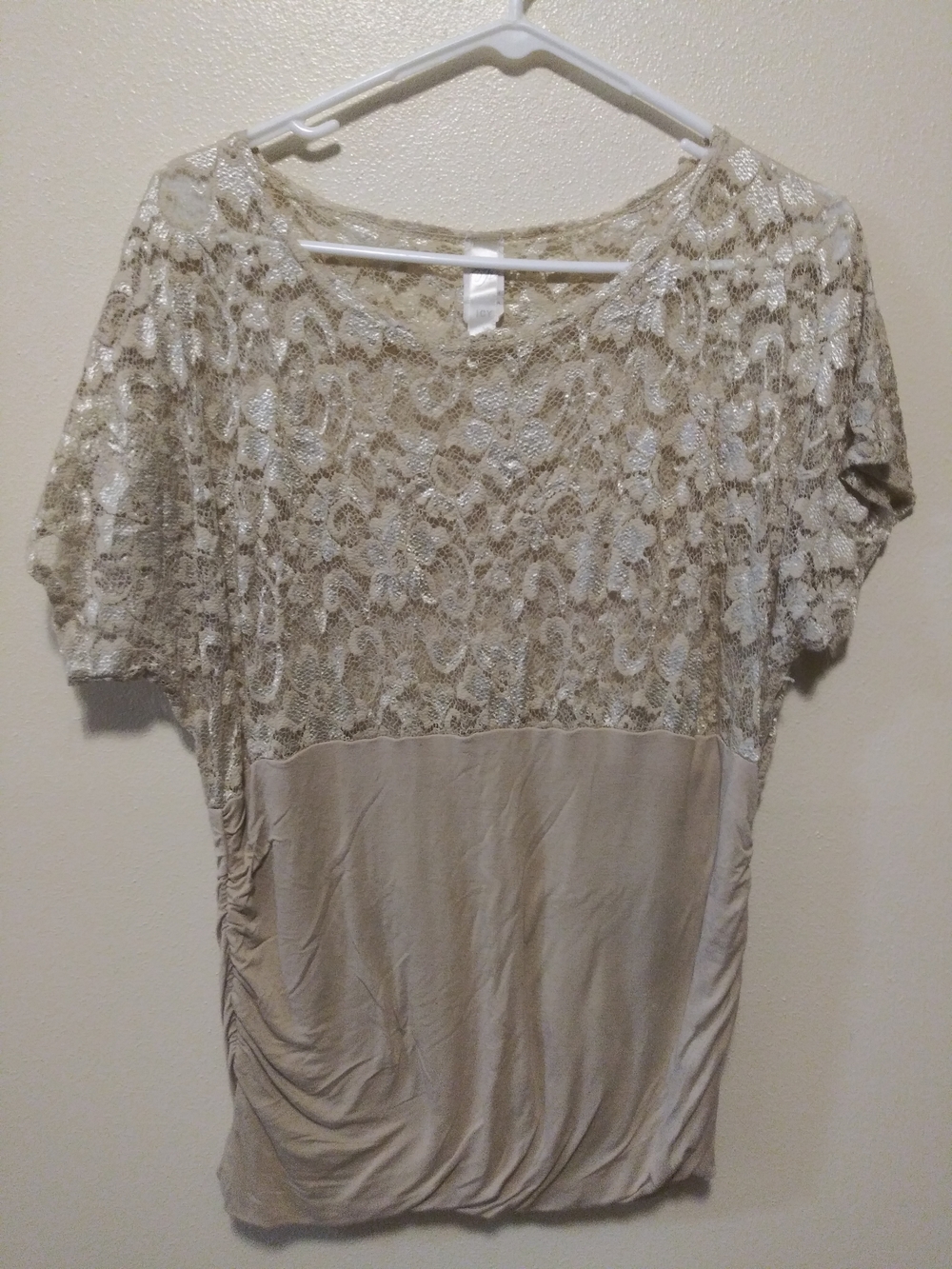 Beige Lace-Overlay Short Sleeve Blouse - Women